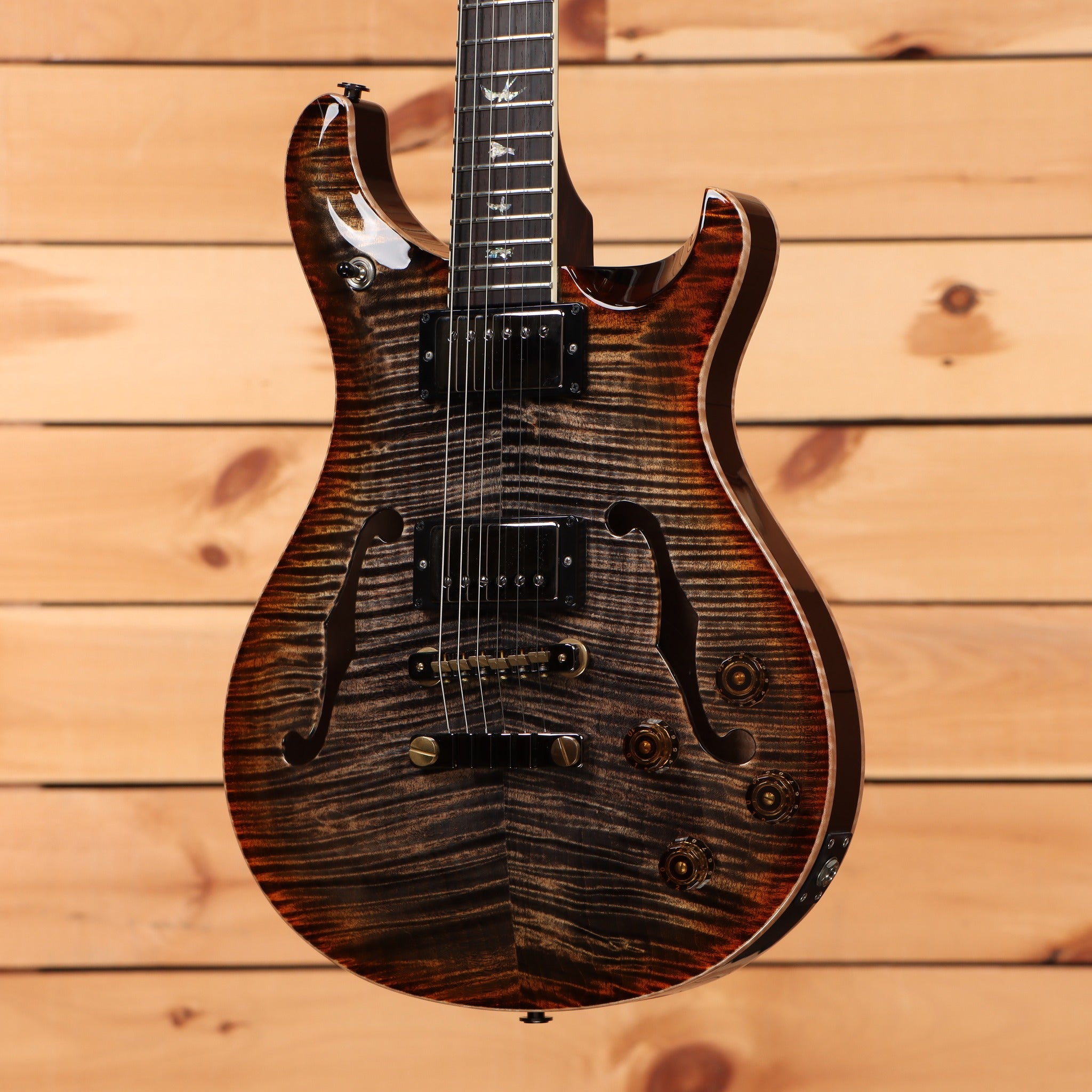 PRS McCarty 594 Hollowbody II Wood Library semi-hollow electric guitar Charcoal Cherry Burst with flamed maple top