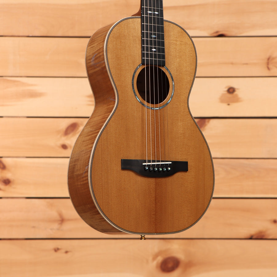 Boucher GR-HG-164T parlor acoustic guitar Natural finish with figured top, body binding, and ebony fretboard