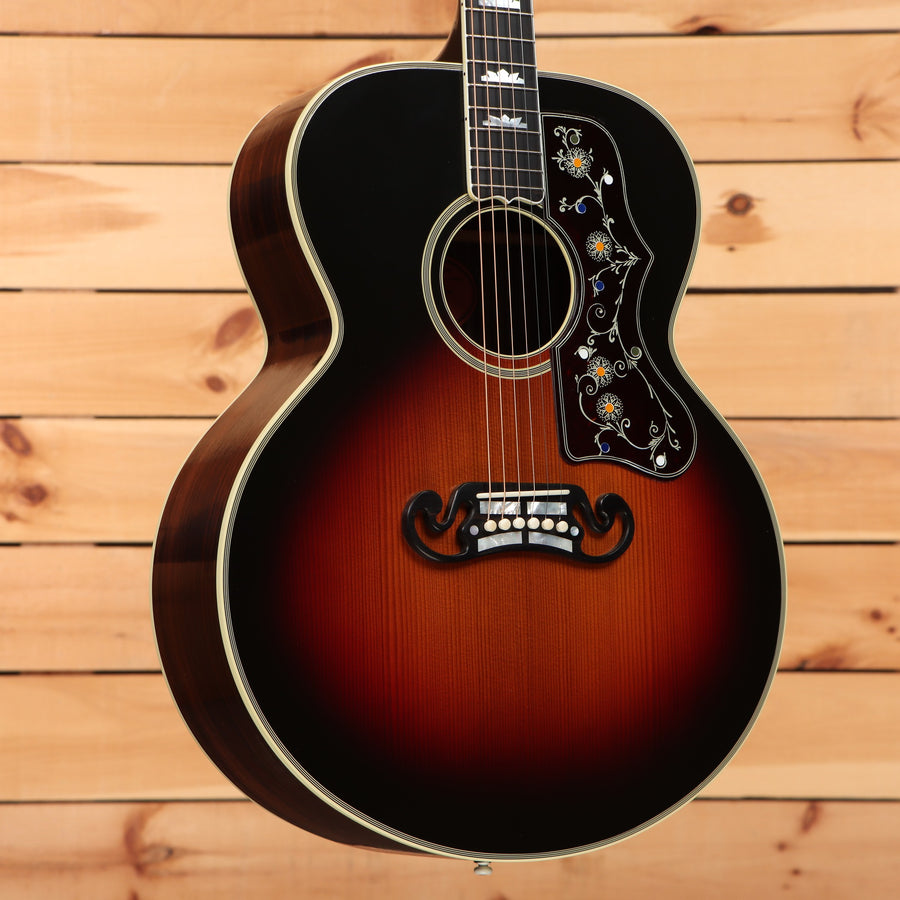Gibson Pre-War SJ-200 Rosewood jumbo acoustic guitar Vintage Sunburst with ornate floral pickguard inlay and mustache bridge