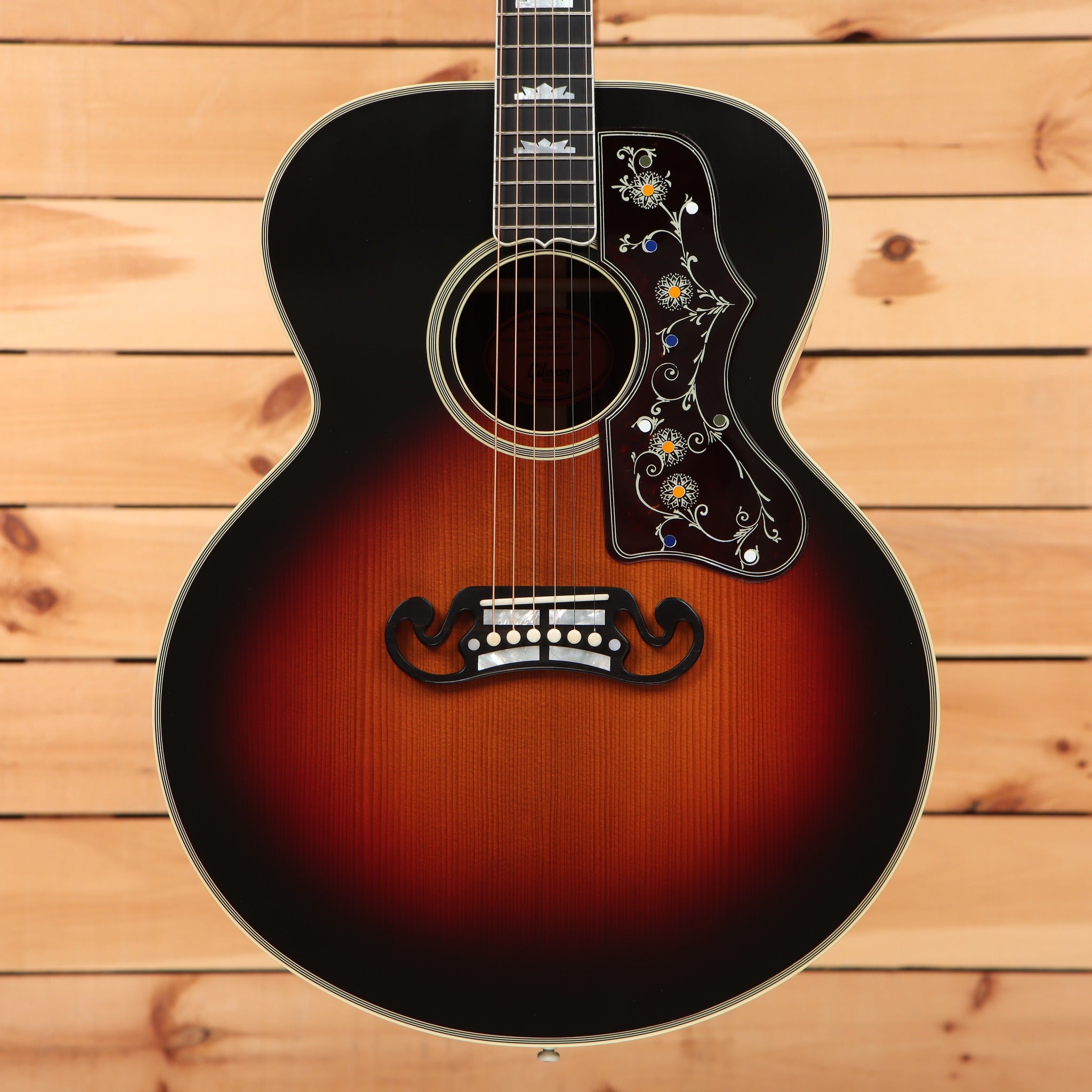 Gibson Pre-War SJ-200 Rosewood jumbo acoustic guitar Vintage Sunburst with floral pickguard inlay and mustache bridge