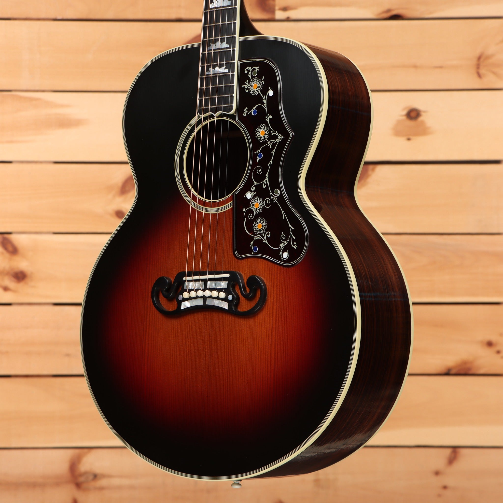 Gibson Pre-War SJ-200 Rosewood jumbo acoustic guitar Vintage Sunburst with floral inlay pickguard and mustache bridge