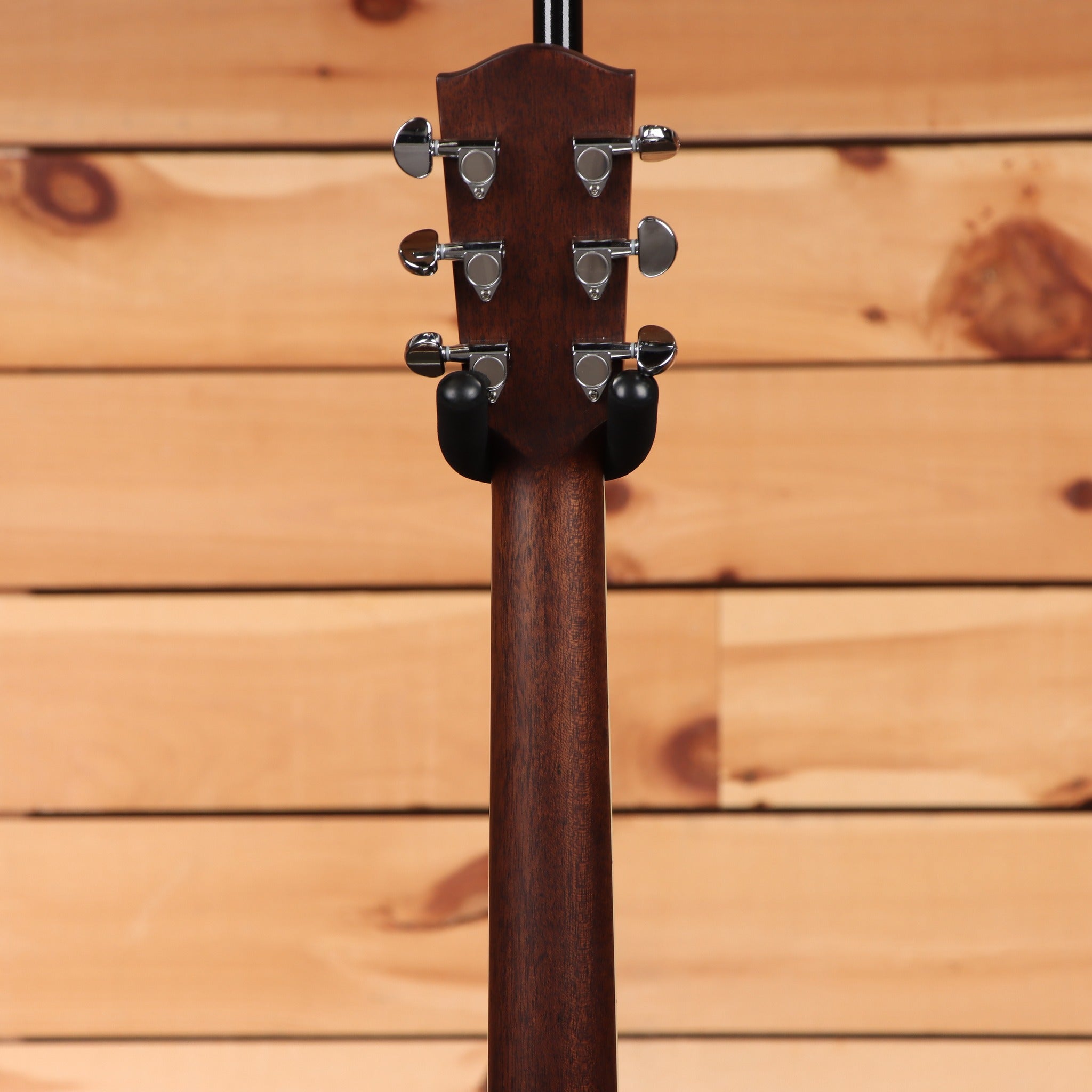 Eastman AC422CE acoustic-electric guitar Natural finish rear headstock view with chrome tuners and mahogany neck