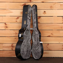 Eastman AC422CE guitar hard case black exterior with gray velvet interior and gold hardware latches open view