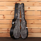 Eastman AC422CE guitar hard case black exterior with gray velvet interior and gold hardware latches open view
