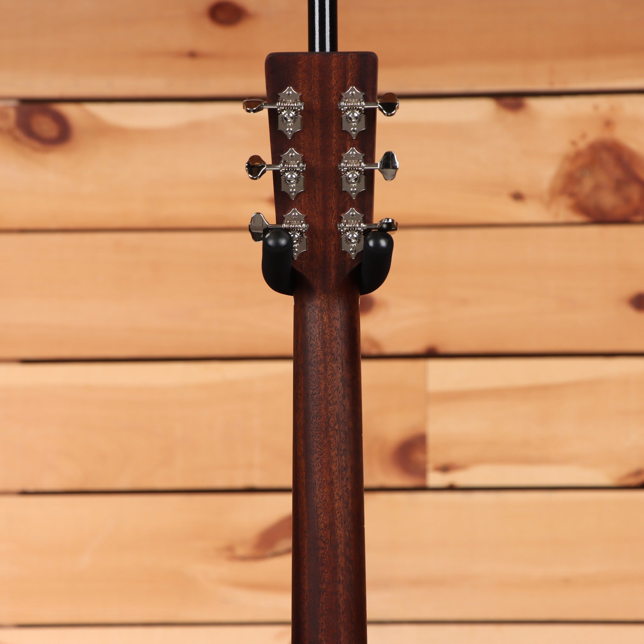 Eastman E3DE acoustic dreadnought guitar Natural finish rear headstock view with chrome tuners and mahogany neck