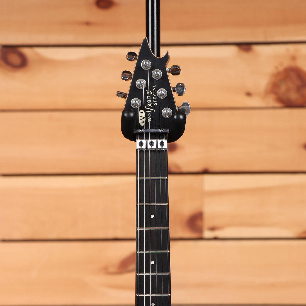 EVH Wolfgang Special 2015 Tour electric guitar Distressed Ivory with ebony fretboard and locking nut headstock detail