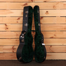 Bourgeois Downeast LDB Hawaiian Blues acoustic guitar hard case open showing green velvet interior with chrome latches