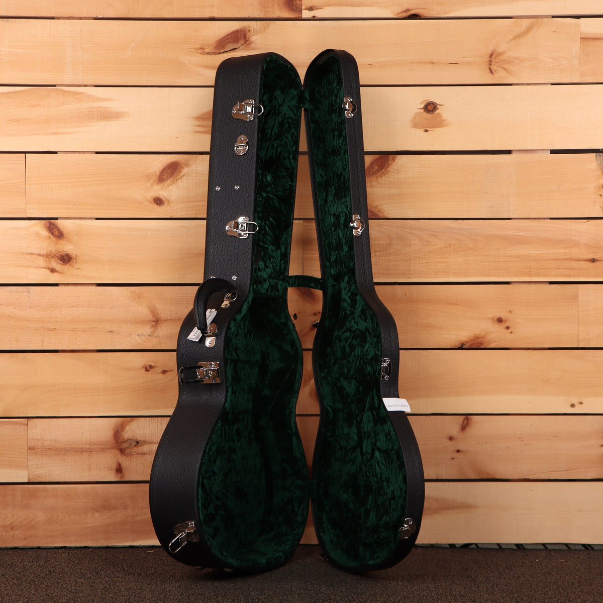 Bourgeois Downeast LDB Hawaiian Blues acoustic guitar hard case open showing green velvet interior with chrome latches
