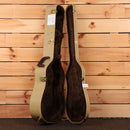 Boucher SG12-52-BE Sunburst acoustic guitar tweed hardshell case open showing brown plush interior gold hardware