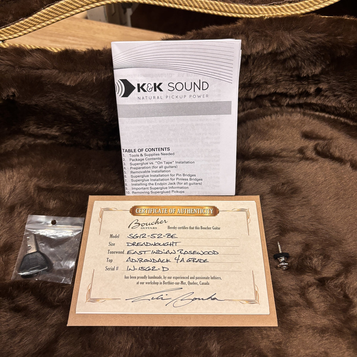 Boucher SG12-52-BE Sunburst dreadnought acoustic guitar certificate of authenticity with K&K Sound pickup manual