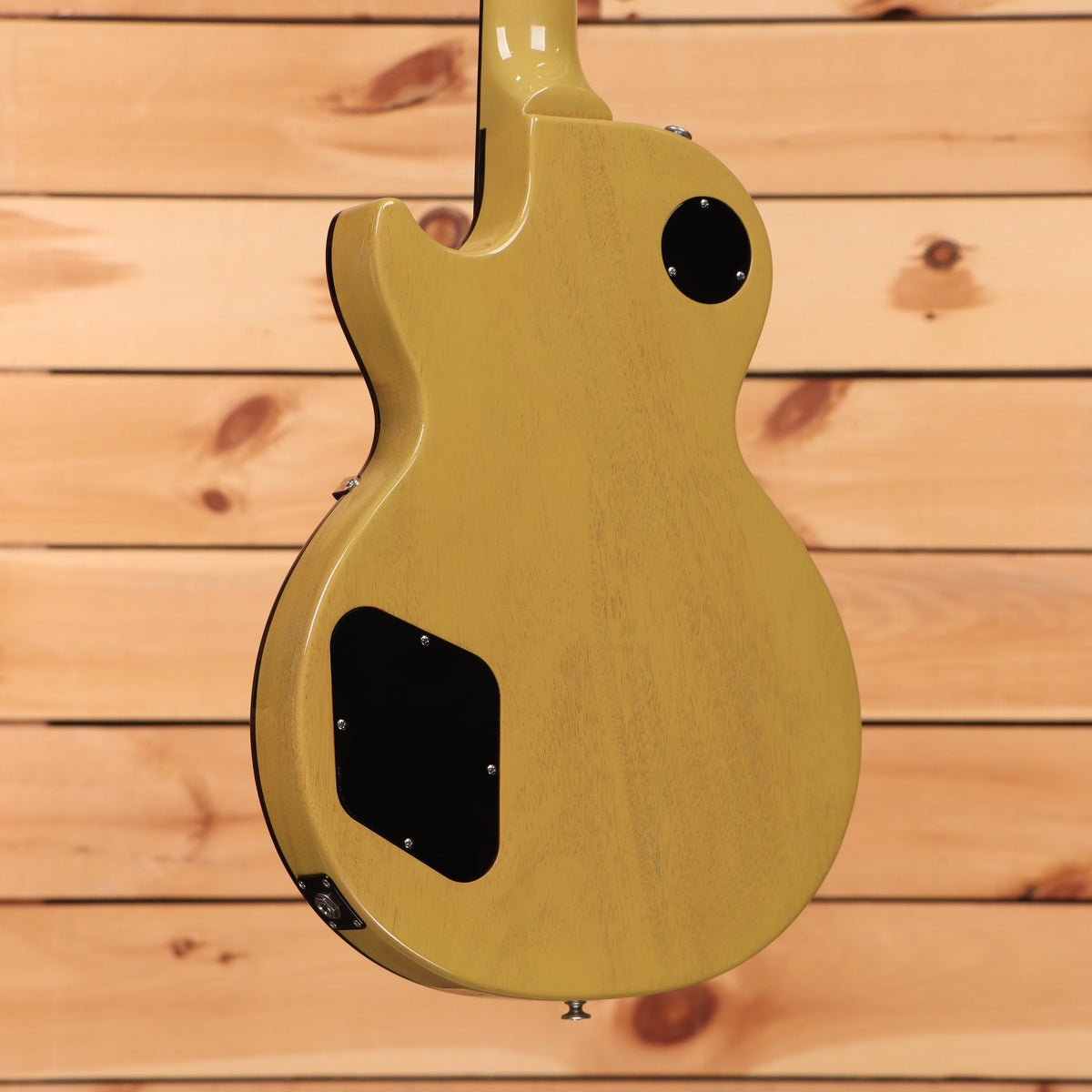 Gibson Les Paul Standard 50s electric guitar TV Yellow showing mahogany back with control cavity cover plate