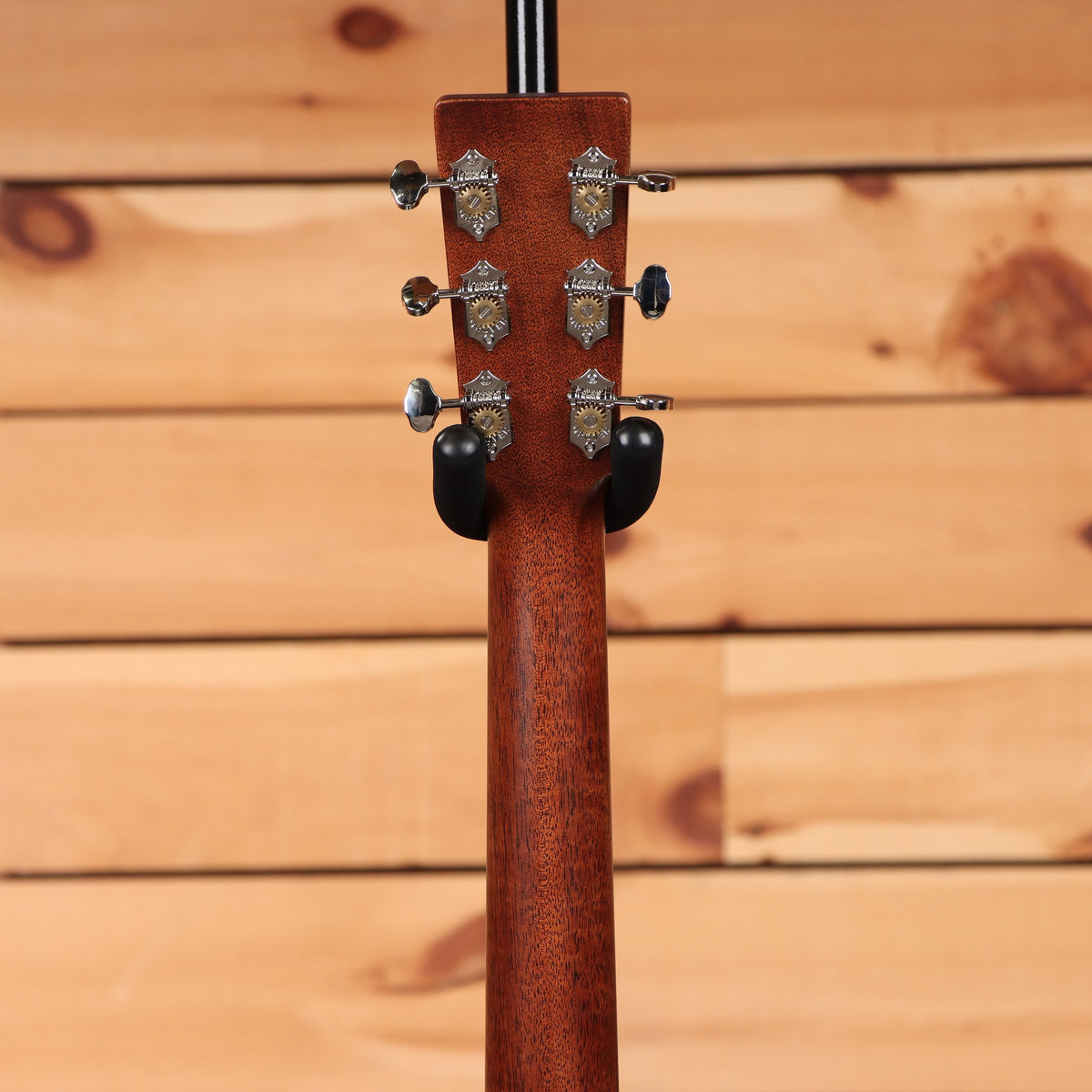 Martin 00L-16E acoustic-electric guitar Black Smoke rear headstock view with chrome tuners and mahogany neck