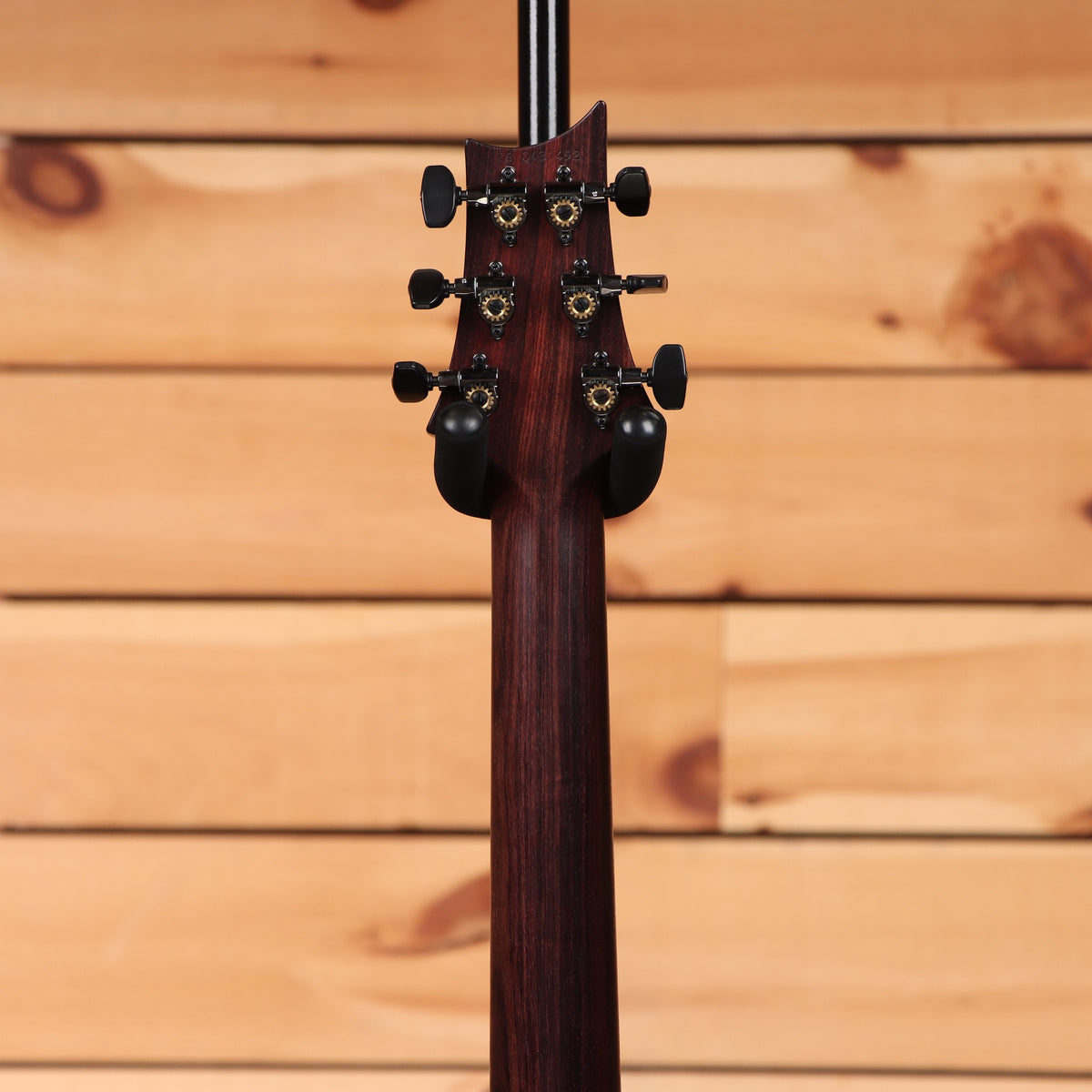 PRS Special Semi-Hollow electric guitar Purple Sparkle rear headstock view with black tuning machines and rosewood neck