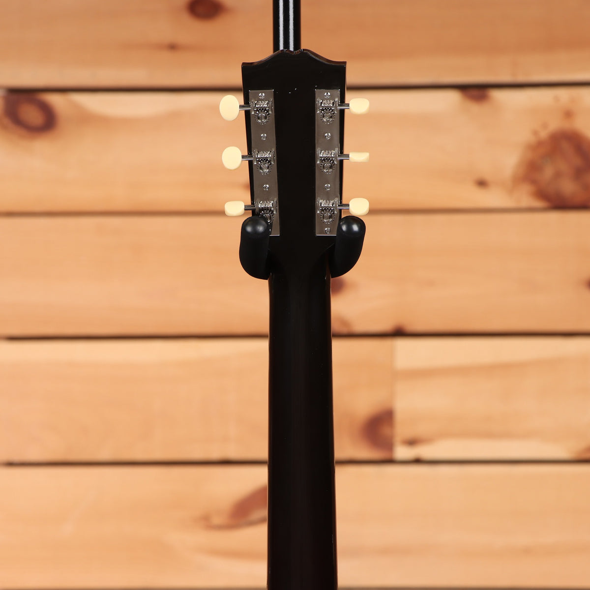 Gibson L-00 Original Vintage Sunburst acoustic guitar rear headstock view with chrome tuners and black finish neck