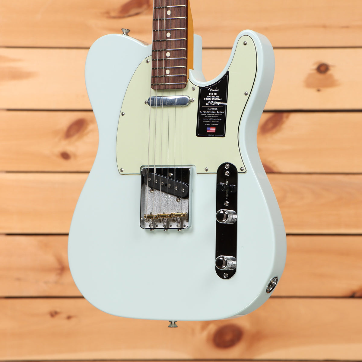 Fender Limited American Professional Classic Telecaster Sonic Blue electric guitar with rosewood fretboard and white pickguar