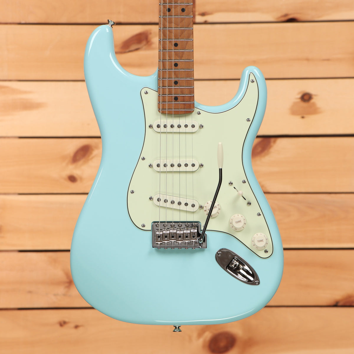 Fender Limited American Professional Classic Stratocaster electric guitar Daphne Blue with three single-coil pickups and mint