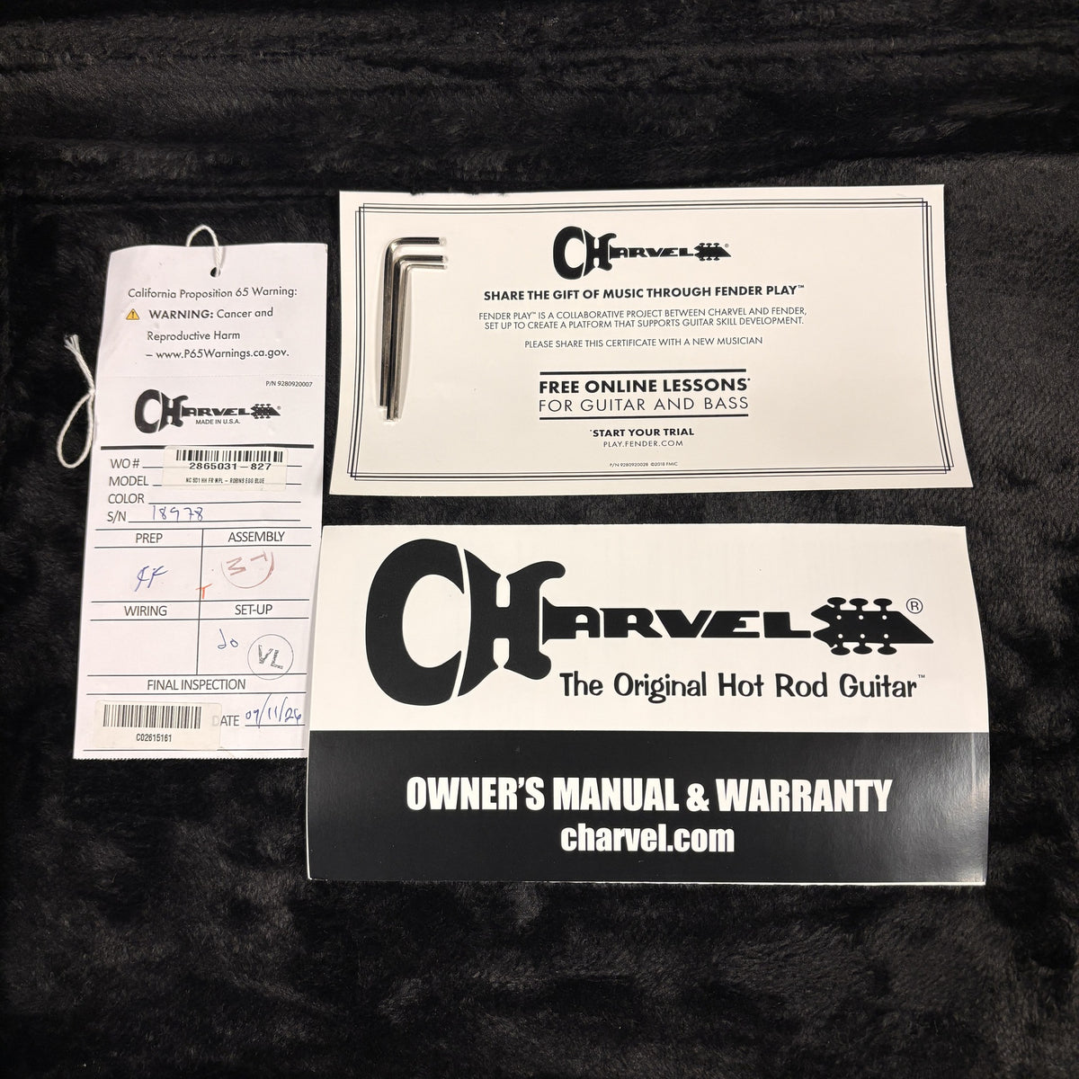 Charvel American Neo-Classic San Dimas Style 1 Robin's Egg Blue guitar owner's manual warranty card and hang tag accessories
