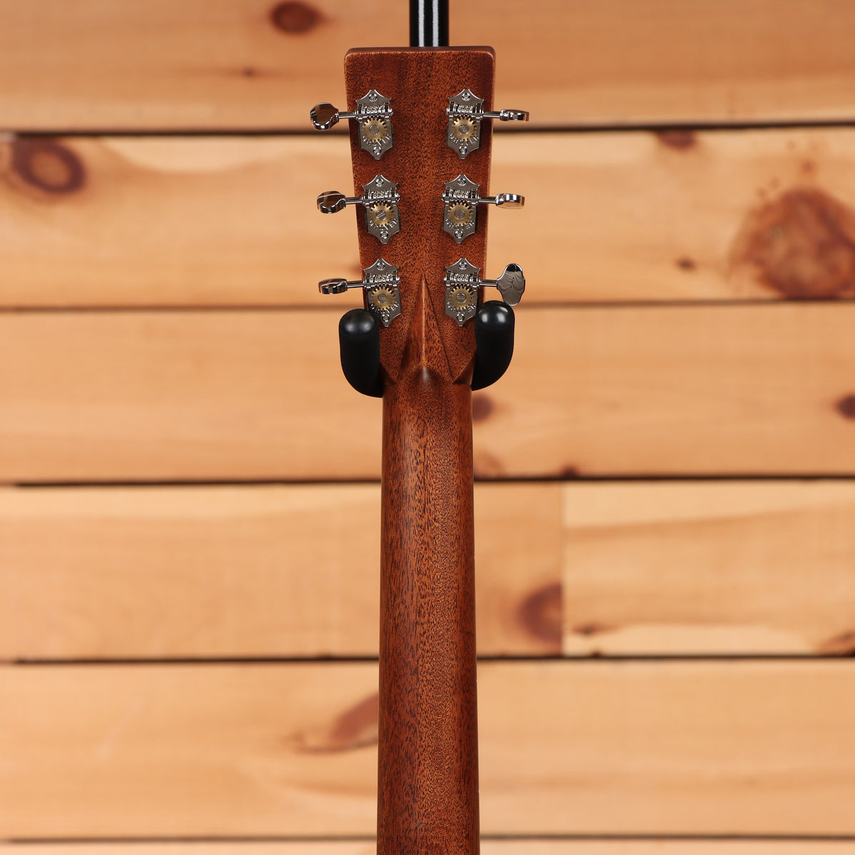Martin D-28 dreadnought acoustic guitar Natural with Aging Toner showing mahogany neck back and chrome Grover tuners
