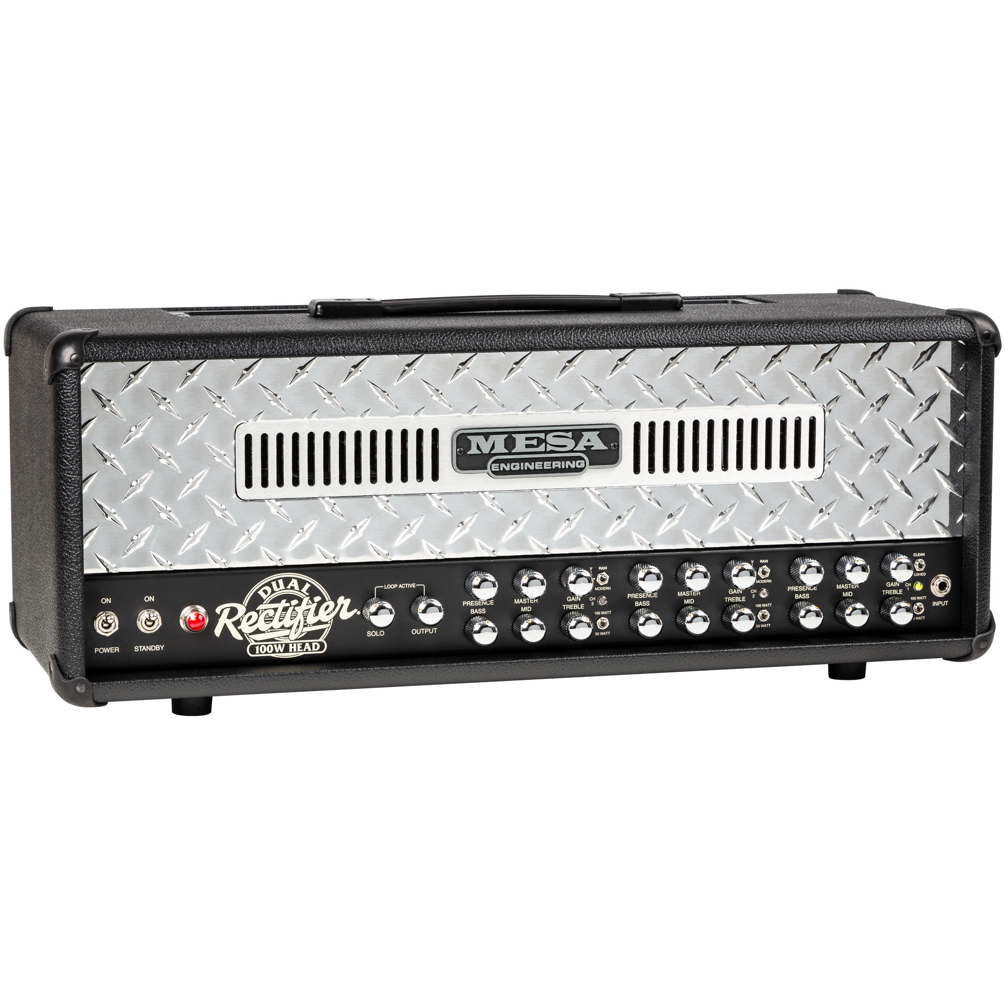 Mesa Boogie Dual Rectifier 100W Head amplifier black with dual channels and footswitch control