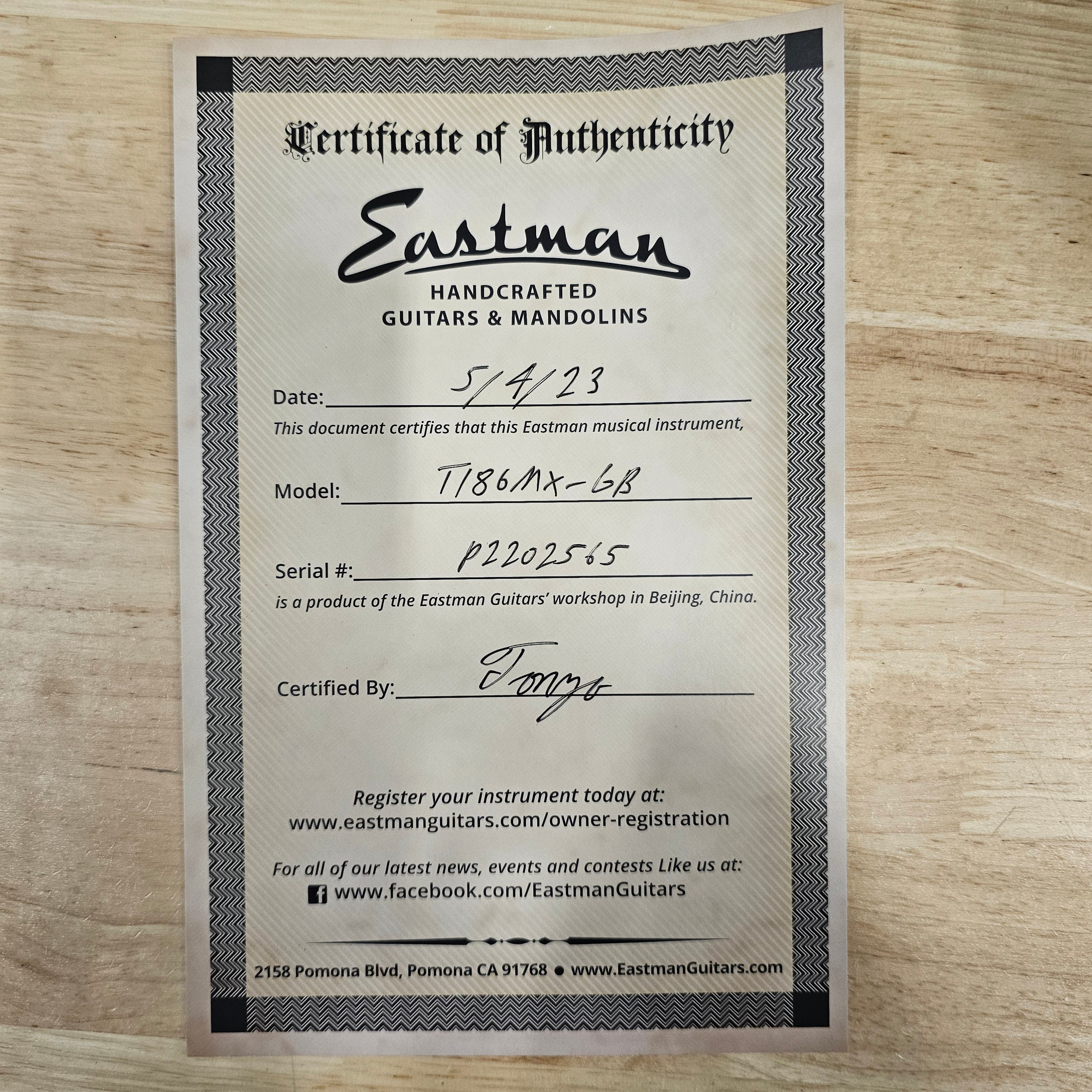 Eastman T186MX semi-hollow electric guitar Goldburst with certificate of authenticity