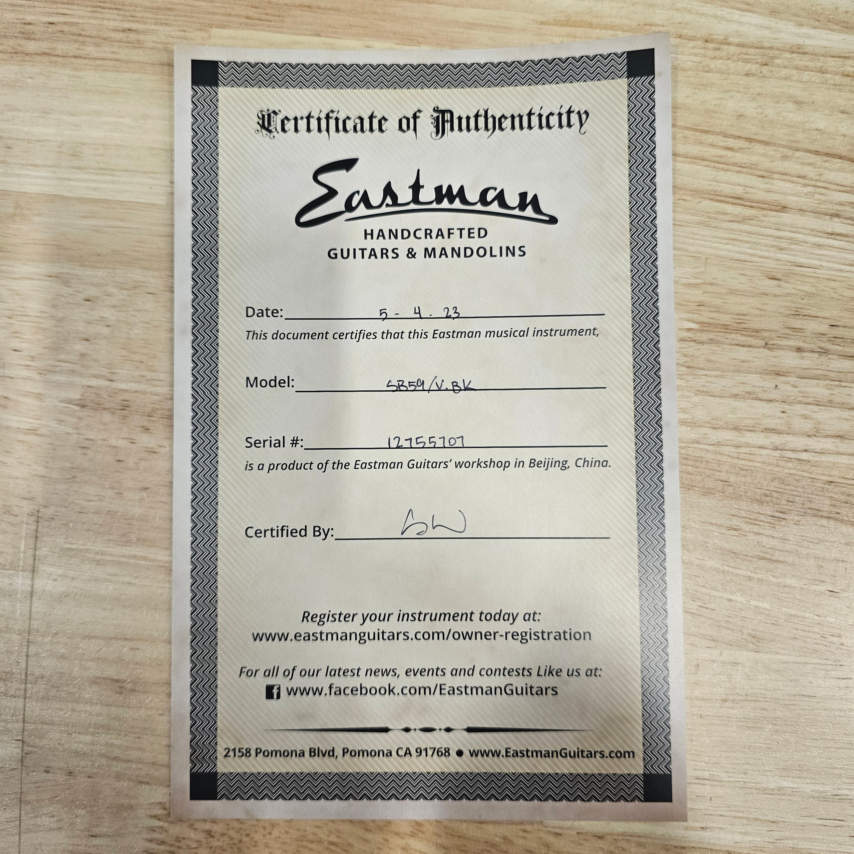 Eastman SB59-V semi-hollow electric guitar black finish certificate of authenticity
