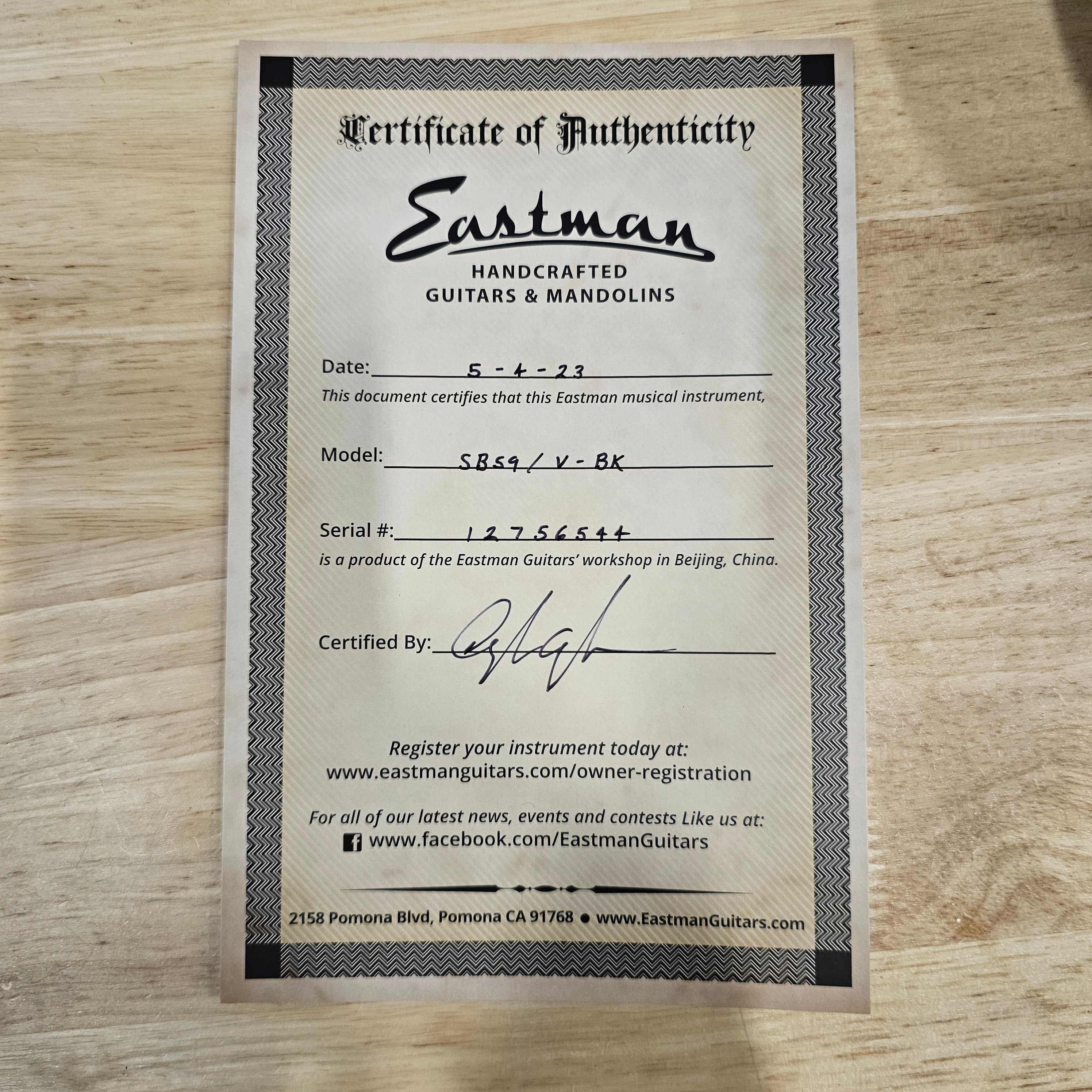 Eastman SB59/V semi-hollow body electric guitar black finish with certificate of authenticity