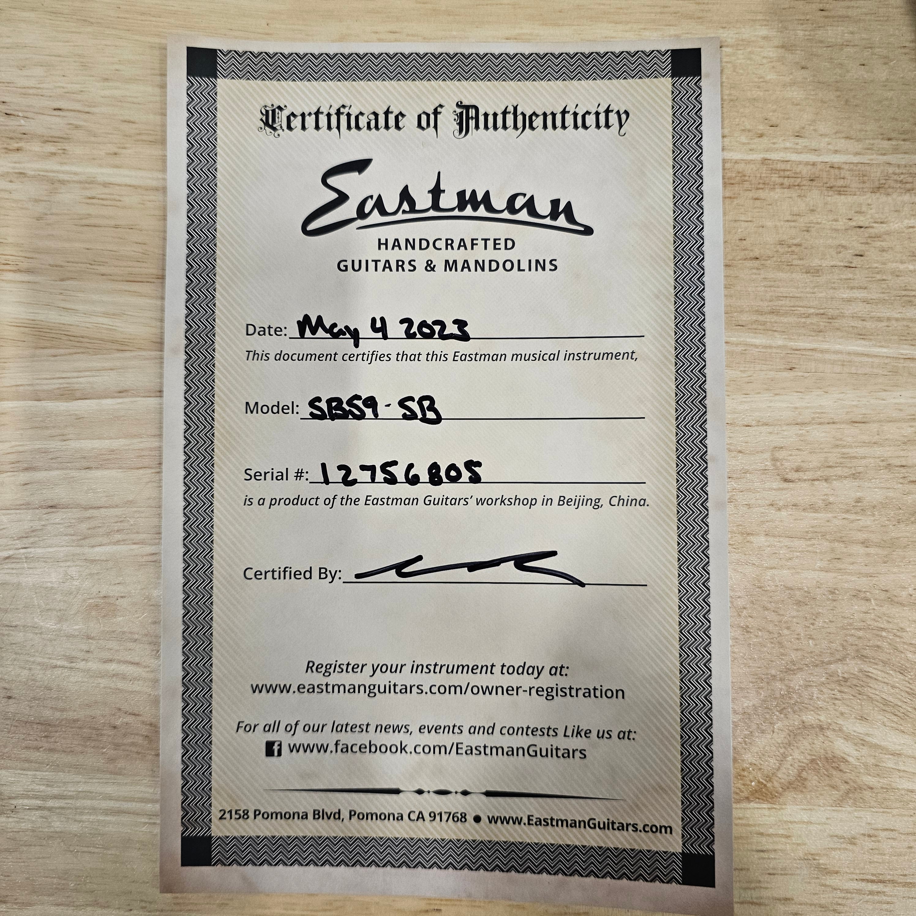 Eastman SB59 semi-hollow electric guitar sunburst finish with certificate of authenticity
