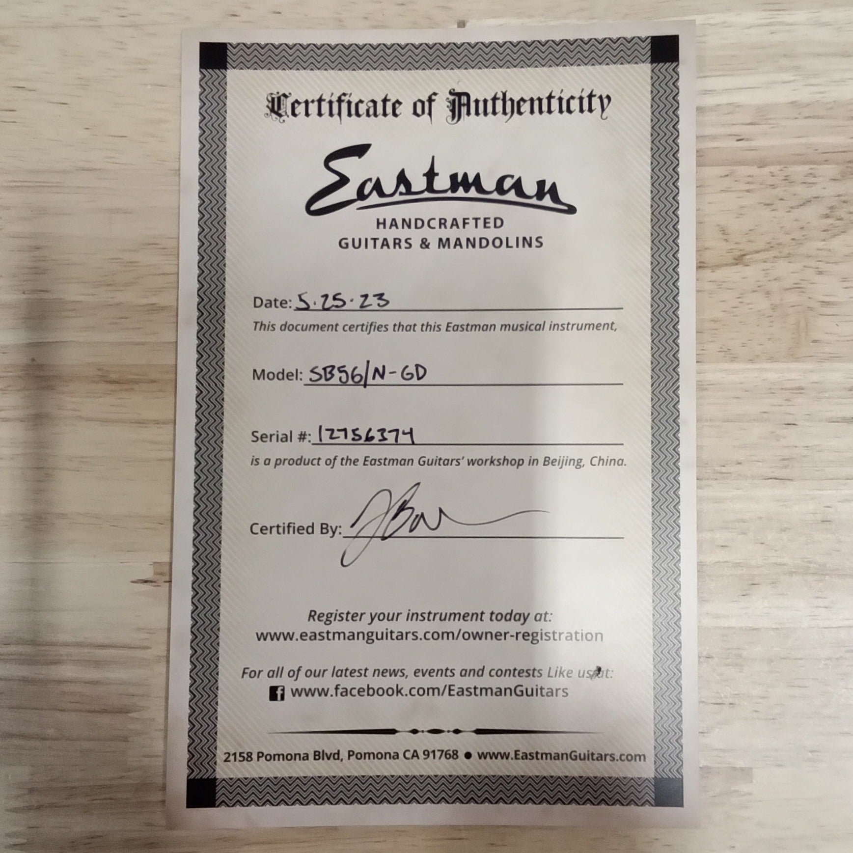 Eastman SB56/N-GD semi-hollow body electric guitar vintage gold finish with certificate of authenticity