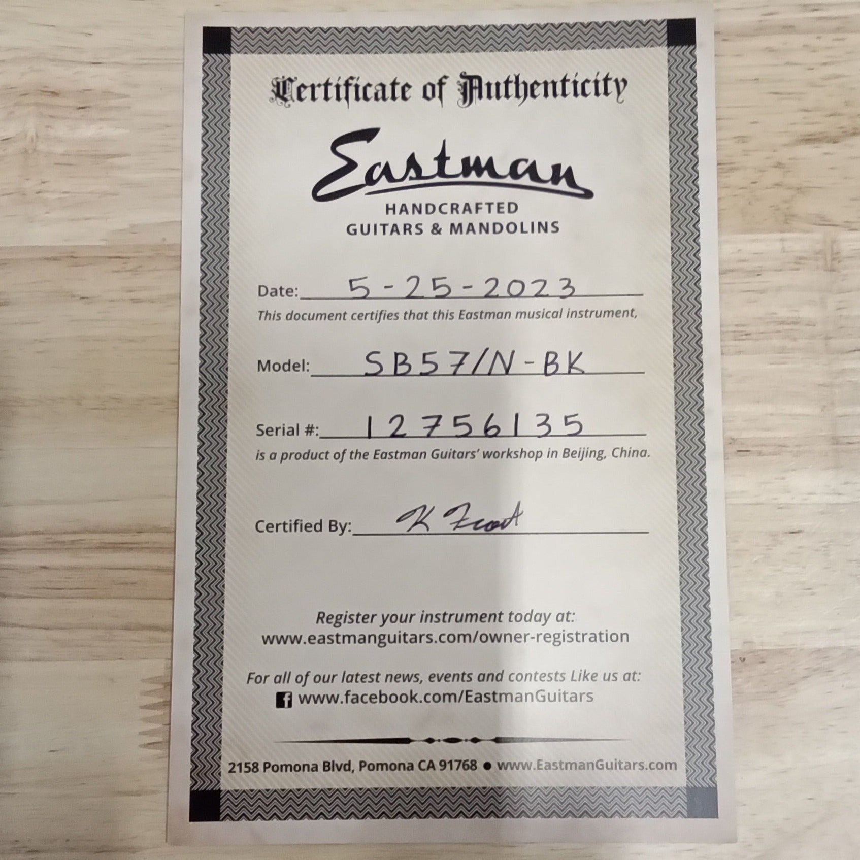 Eastman SB57/N black semi-hollow body electric guitar with certificate of authenticity