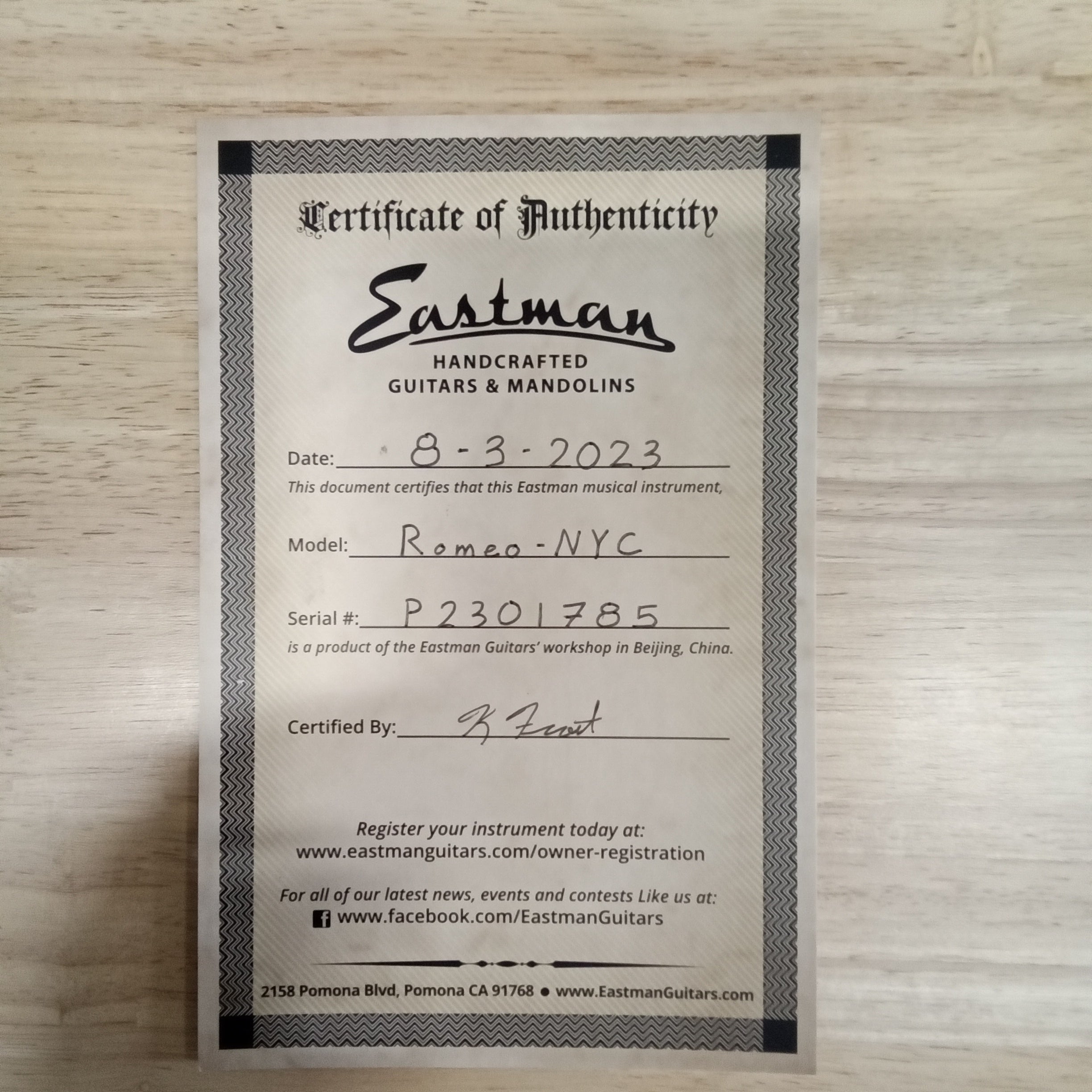 Eastman Romeo-NYC black handcrafted mandolin with certificate of authenticity