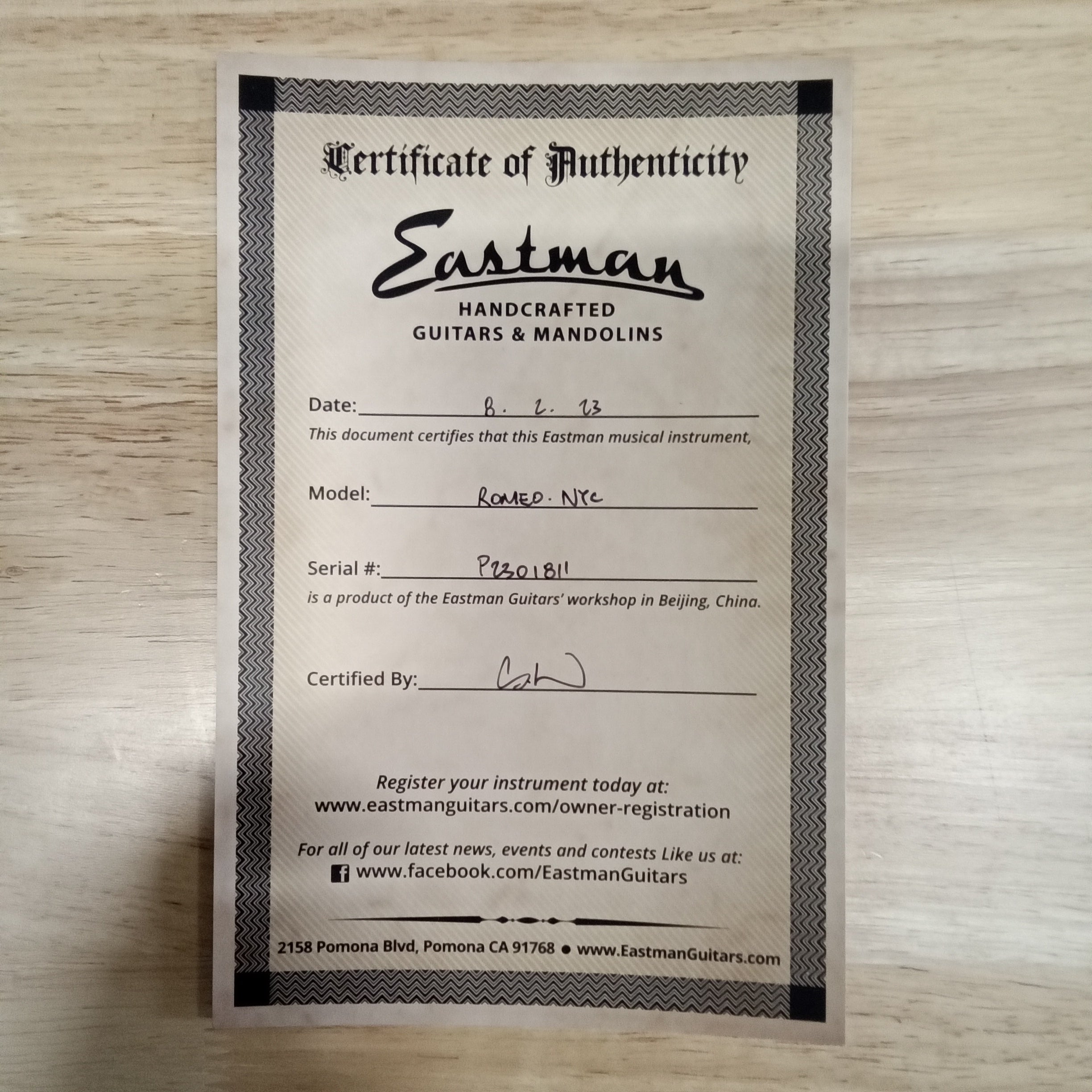 Eastman Romeo NYC black acoustic guitar with certificate of authenticity