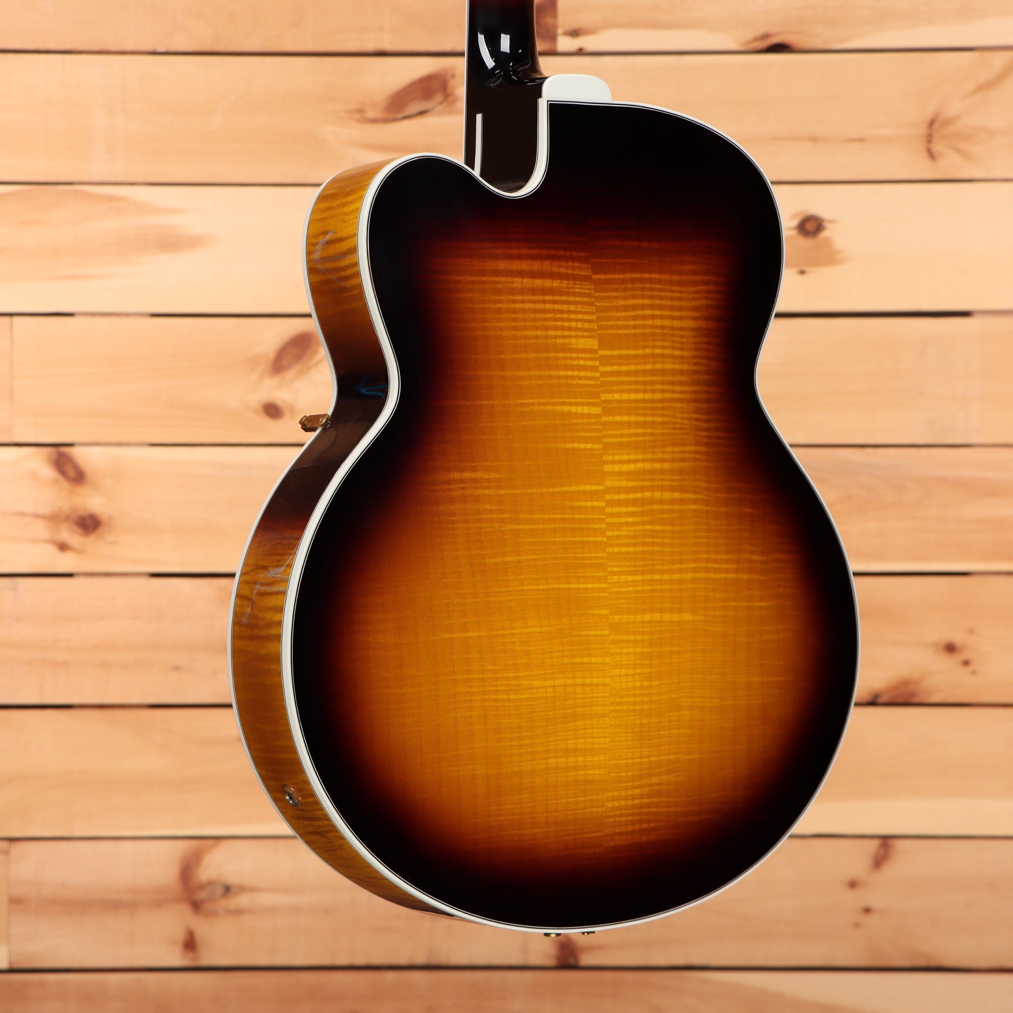 Gibson Super 400 semi-hollow body electric guitar tobacco sunburst with white binding and flamed maple back