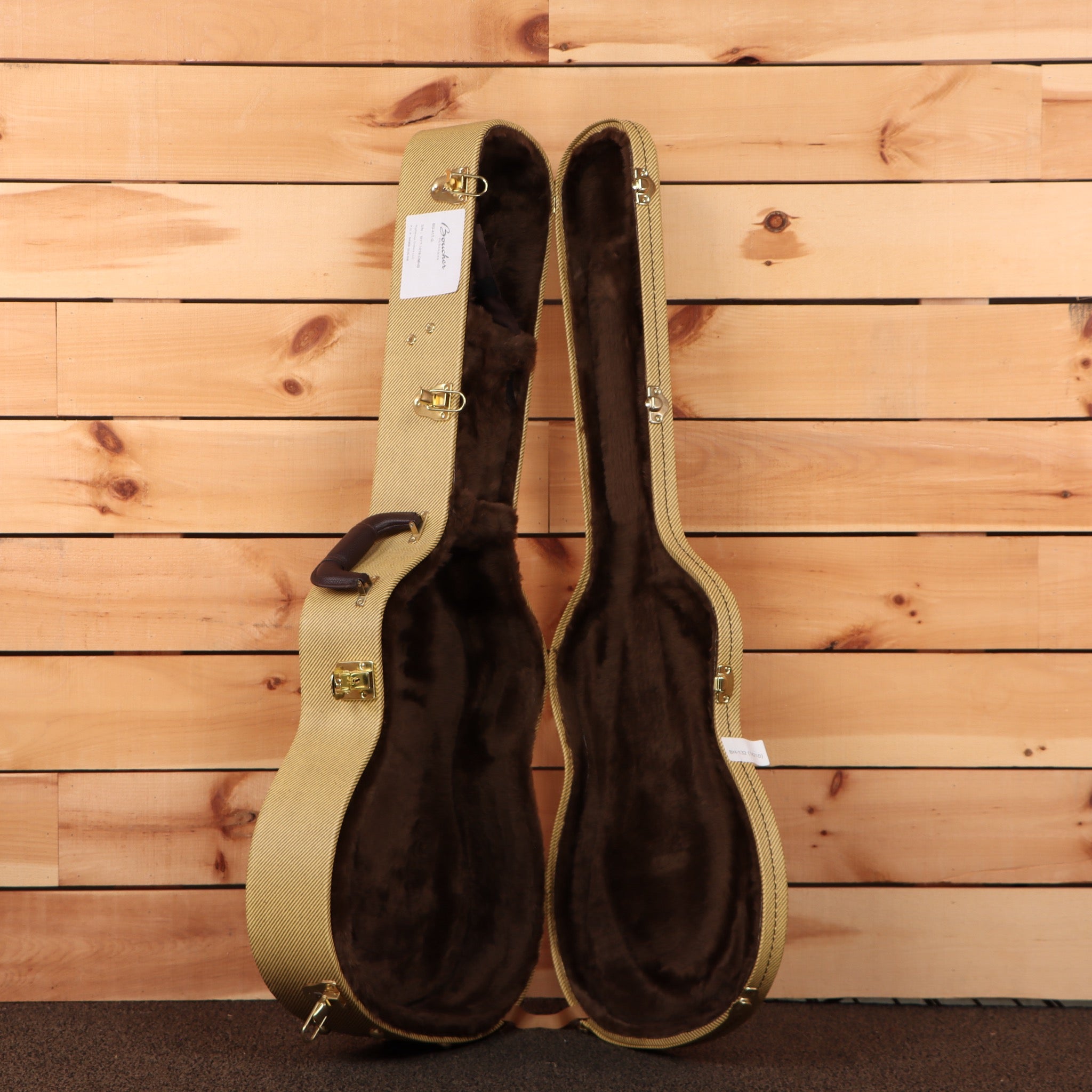 Boucher BG41TG natural classical guitar case with gold hardware and black velvet interior