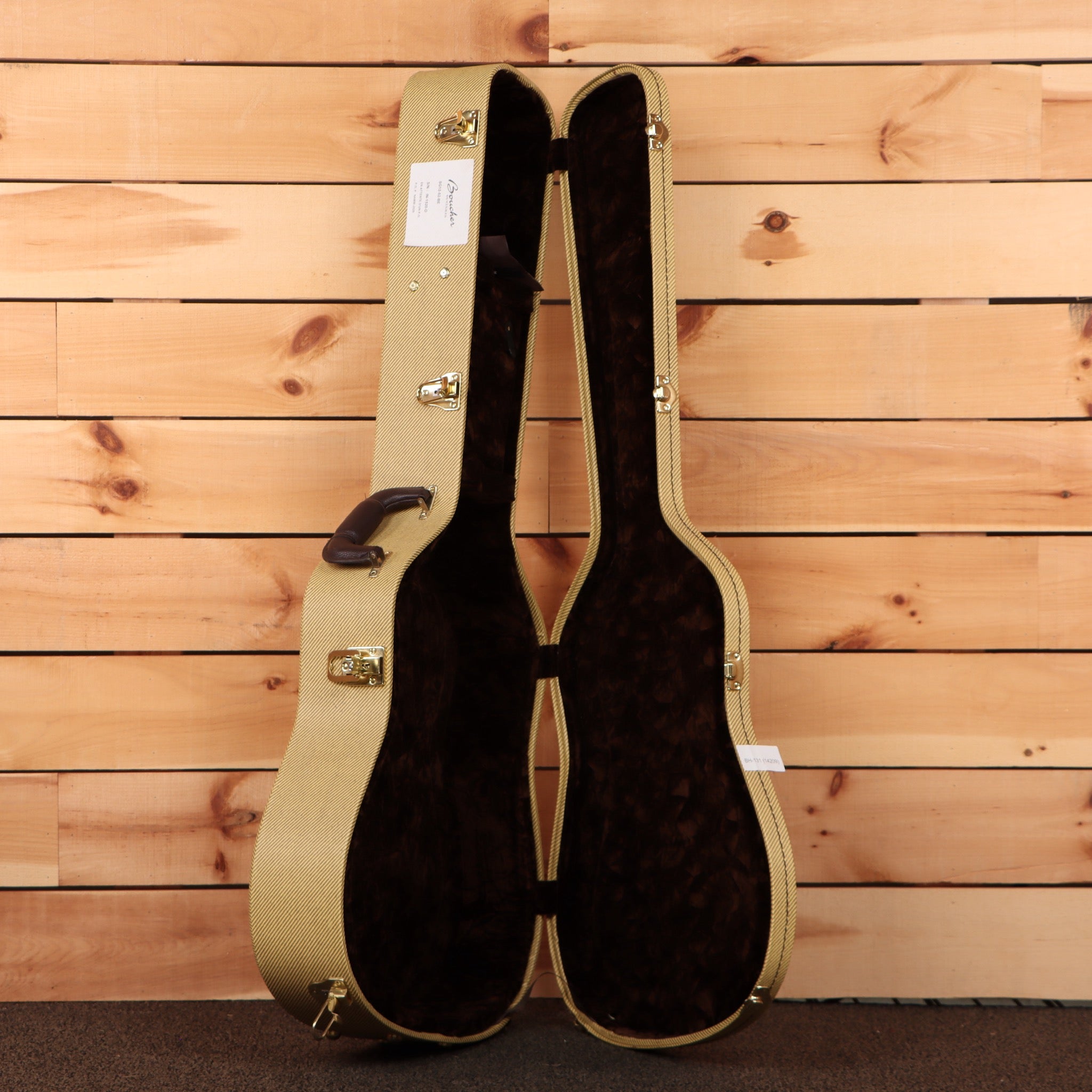 Boucher SG1252BE sunburst semi-hollow body electric guitar case with gold hardware and black velvet interior