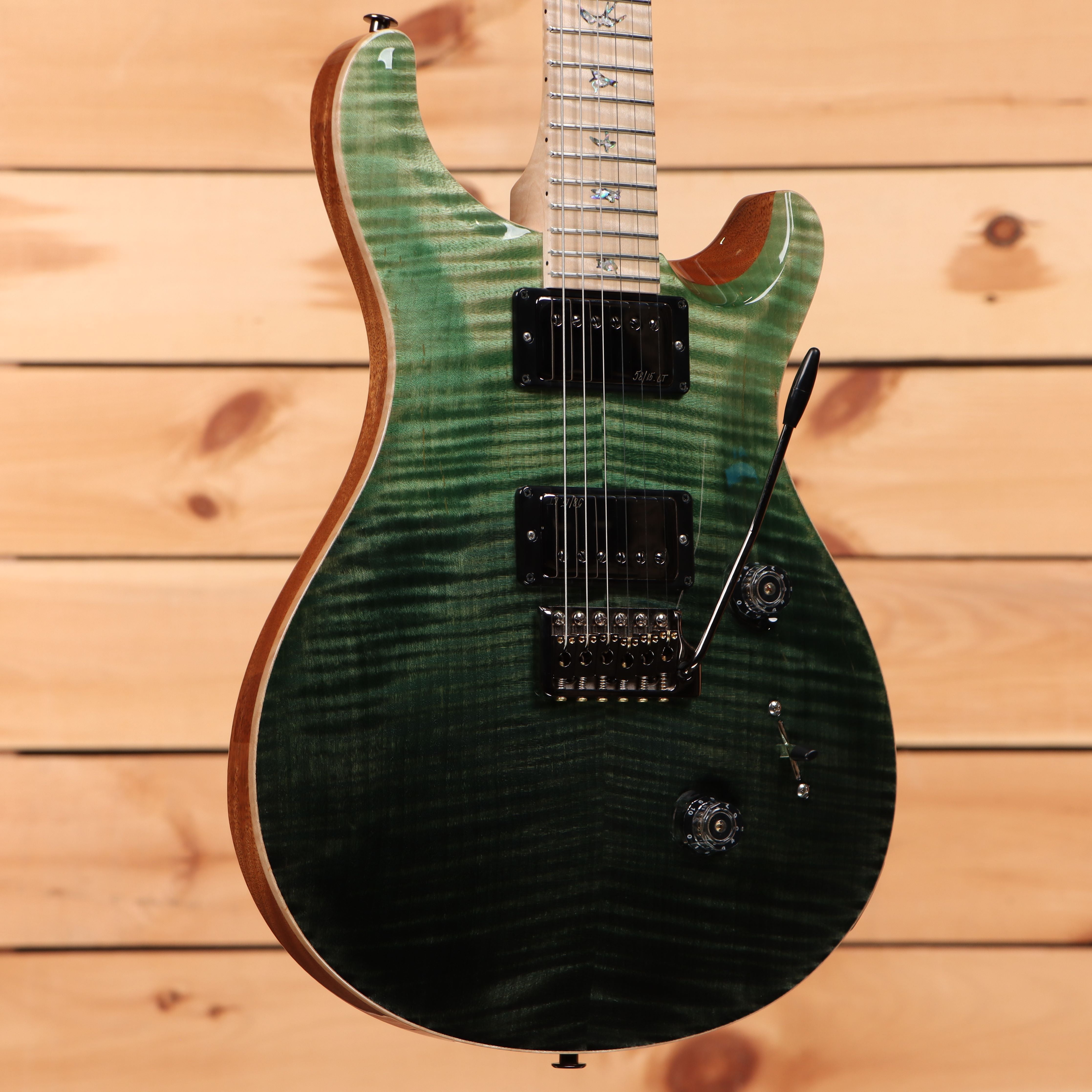 Paul Reed Smith Custom 24 Wood Library electric guitar Trampas Green Fade with flamed maple top and humbucker pickups