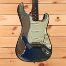 Fender Custom Shop Masterbuilt Dale Wilson 1961 Stratocaster heavy relic Dark Lake Placid Blue electric guitar with mint green pickguard