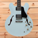 Gibson PSL-1961 ES-335 semi-hollow electric guitar Frost Blue with dual black humbuckers and gold hardware