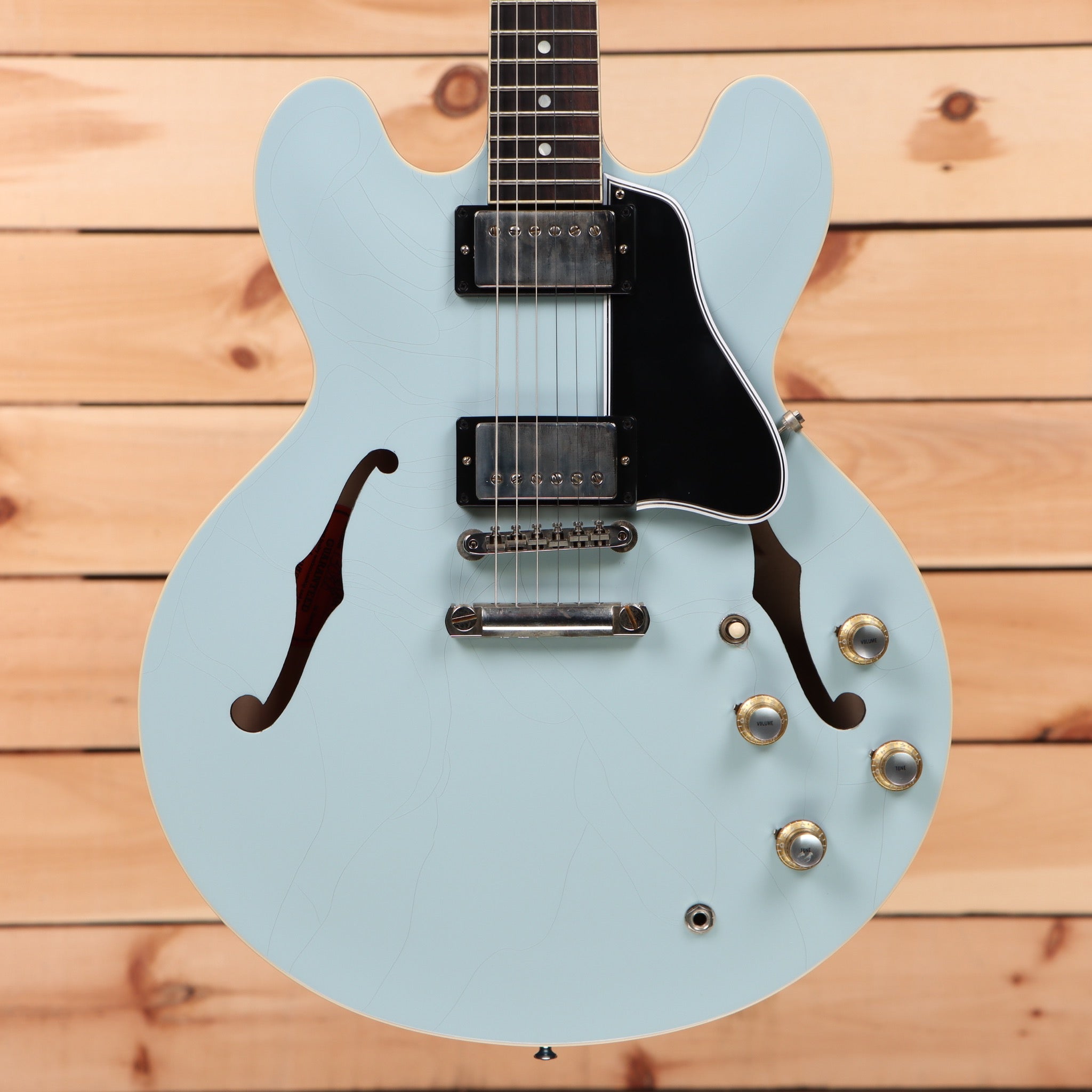 Gibson PSL-1961 ES-335 semi-hollow electric guitar Frost Blue with dual black humbuckers and gold hardware