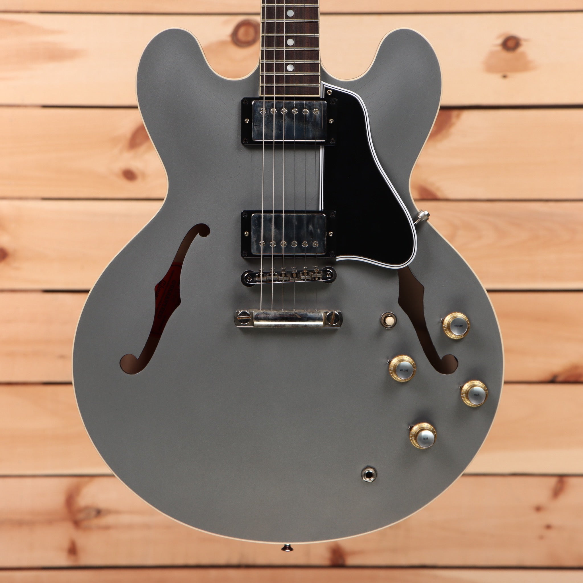 Gibson PSL-1961 ES-335 semi-hollow electric guitar Aged Silver Poly with f-holes and gold hardware