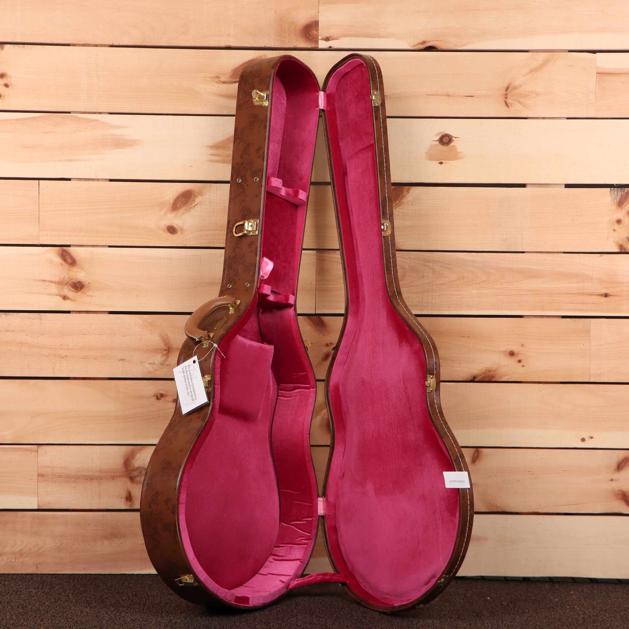 Gibson ES-355 semi-hollow body electric guitar light aged watermelon red with gold hardware and pink velvet case lining