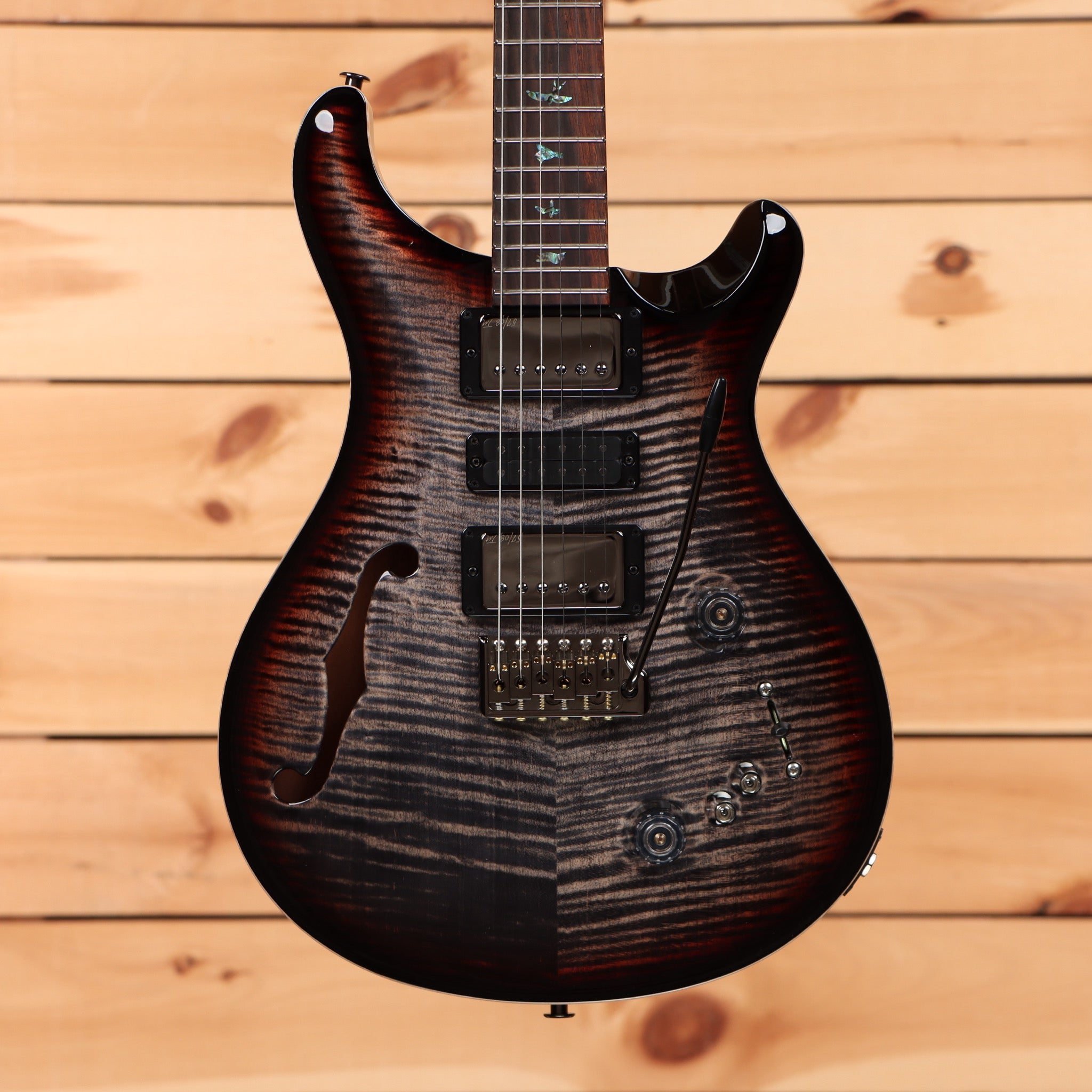 Paul Reed Smith Special semi-hollow electric guitar Charcoal Tricolor Burst with flame maple top and f-hole design