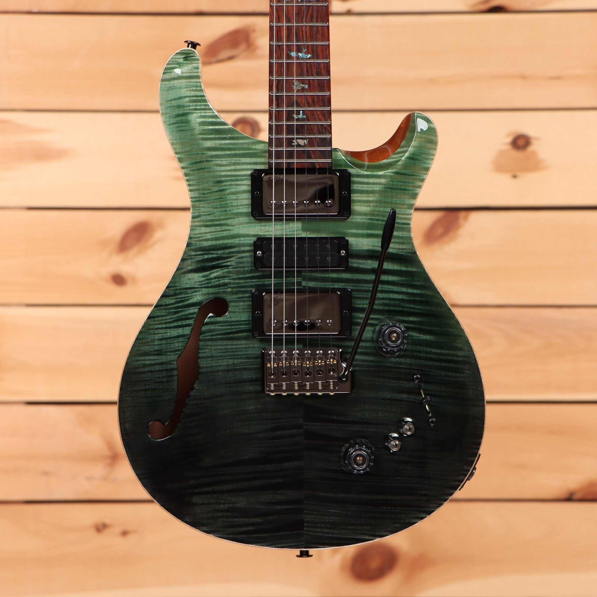 Paul Reed Smith Special semi-hollow electric guitar Trampas Green Fade with flamed maple top and f-hole cutaway