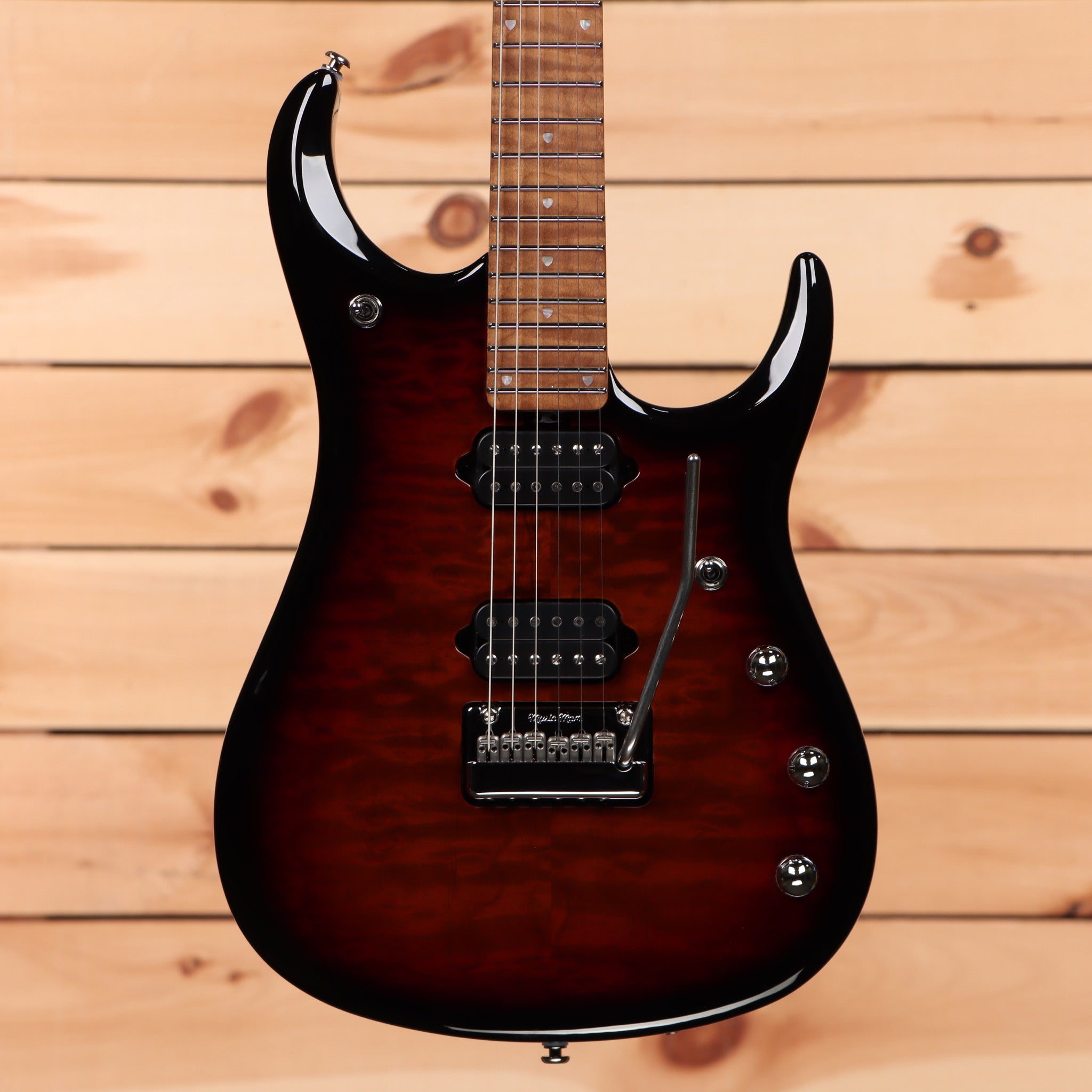 Ernie Ball Music Man JP15 Tiger Eye Quilt electric guitar with humbucker pickups and maple neck