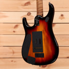 Ernie Ball Music Man JP15 Tiger Eye Quilt electric guitar with humbucker pickups and sunburst finish