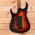Ernie Ball Music Man JP15 Tiger Eye Quilt electric guitar with humbucker pickups and tremolo bridge