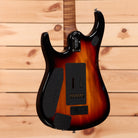 Ernie Ball Music Man JP15 Tiger Eye Quilt electric guitar with humbucker pickups and figured maple top
