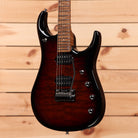 Ernie Ball Music Man JP15 Tiger Eye Quilt electric guitar with humbucker pickups and rosewood fretboard