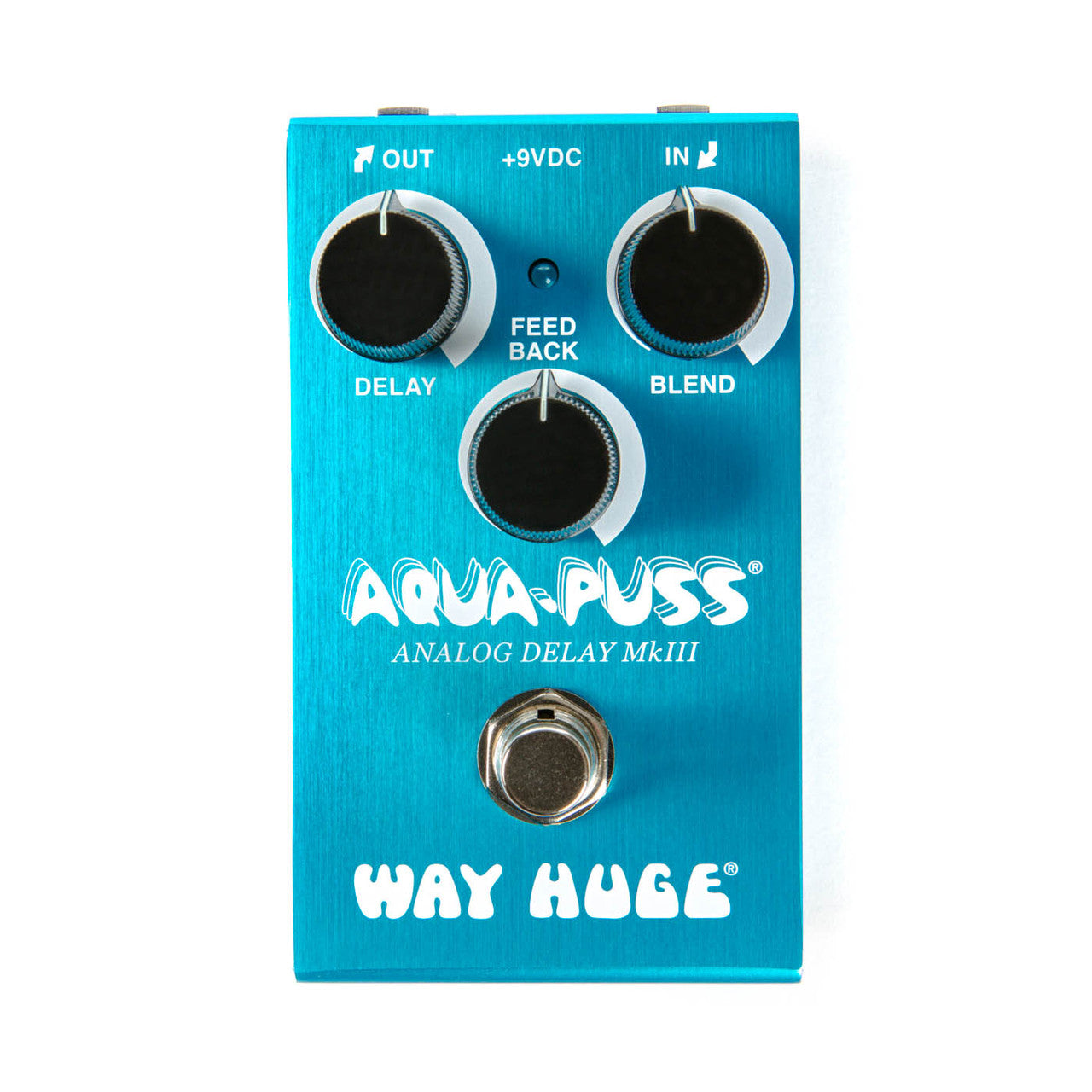 Way Huge Smalls Aqua Puss Analog Delay MkIII pedal turquoise with three control knobs