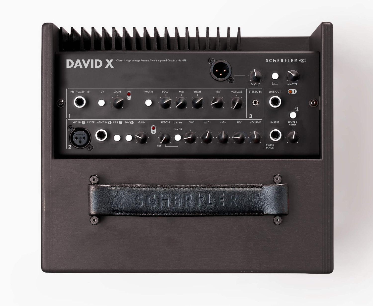 Scherler David X combo amplifier dark wood dual-channel preamp with high-voltage class-A circuitry