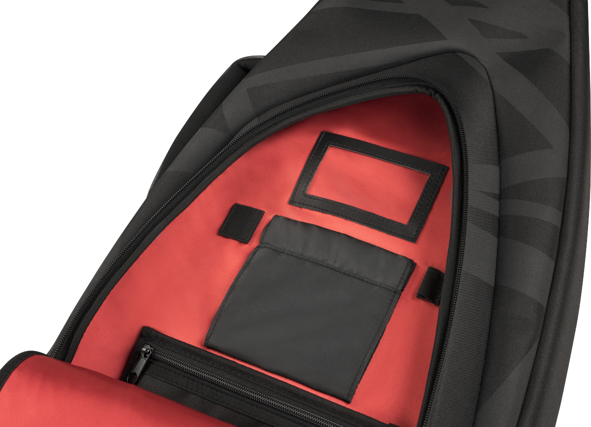EVH Striped gig bag black and gray with red interior compartments and protective padding
